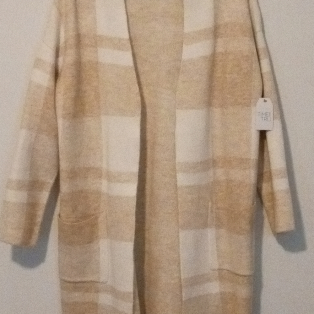 Time and Tru Cream Double Knit Plaid Cardigan